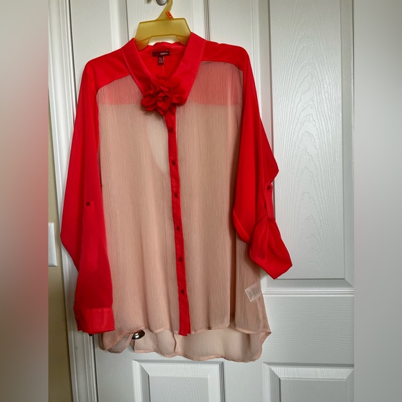 Two-tone, orange & beige, sheer tunic, long sleeve top & matching floral pin. 1X - Picture 9 of 12